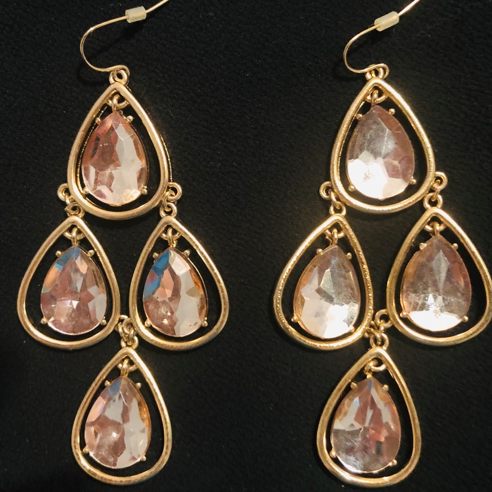 Gold Tone Chandelier Earrings With Pink Gemstones